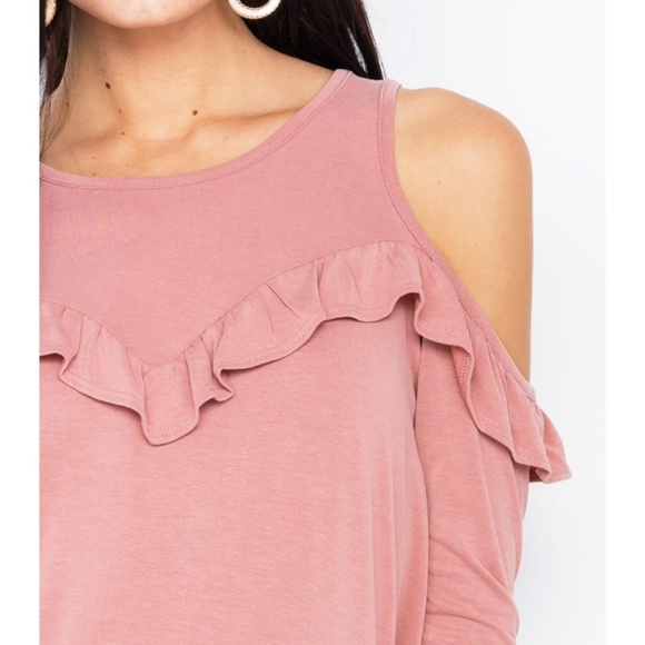 Mauve Pink Pretty Ruffle Soft Cold Shoulder Top - Picture 5 of 8